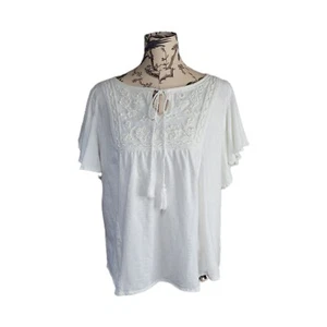Rocks & Indigo Size XL Boxy Boho White Embroidered Top Flutter Sleeve 100% Cotto - Picture 1 of 8