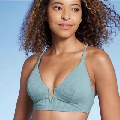 Shade & Shore女式36C比基尼上衣浅蓝色罗纹长款V线三角形 — 第 1/2 张图片