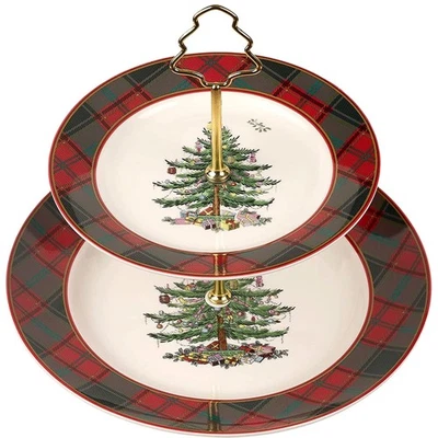Christmas Tree Tartan 2-Tiered Server, Holiday Cupcake Stand, Dessert Display... - Image 1 of 4