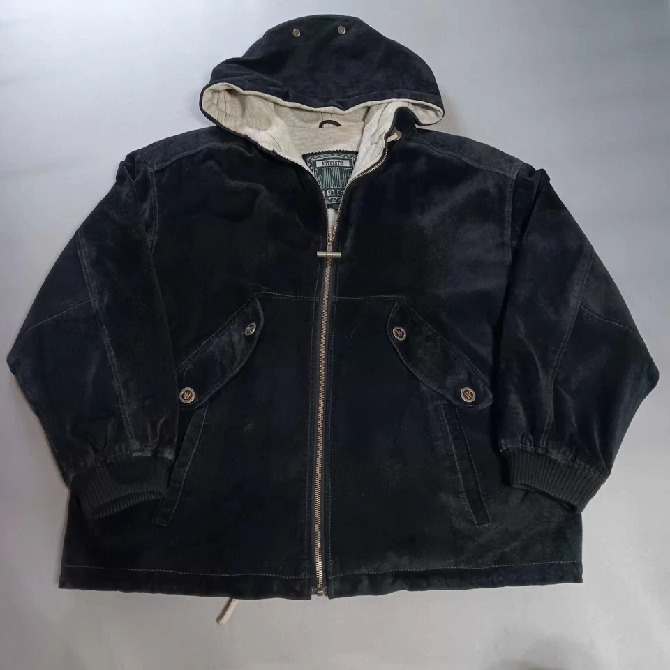 Autêntica Jaqueta Winlit 1969 Masculina M Couro de Cor Escura com Zíper Bolsos com Capuz  - Imagem 1 de 4