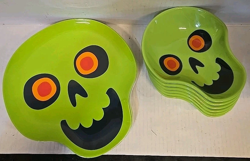 4 ct Set Hyde & Eek Melamine 9” Plates Green Skeleton Skull Halloween Lot Salad