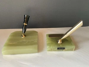 PAIR Vintage Schaeffer Pen Desk-Top Green Marble Base Pen Holder Holders - Picture 1 of 9