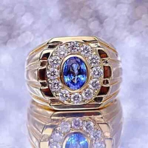 Men's Lab Created Oval Blue Tanzanite & Diamond 2 Ct 14K Yellow Gold Plated Ring - Picture 1 of 10