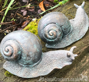 Set 2 aged bronze effect resin Snail ornaments garden pond allotment lover gift
