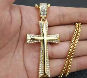 2 Ct Round Cut Real Moissanite Cross Men's Pendant 14K Yellow Gold Plated Silver - Picture 1 of 9