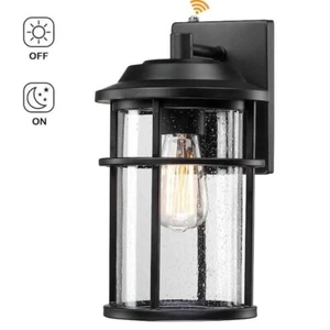 Pia Ricco 1-Light Outdoor Black Wall Fixture w Dusk to Dawn Sensor Clear Seeded - Picture 1 of 6