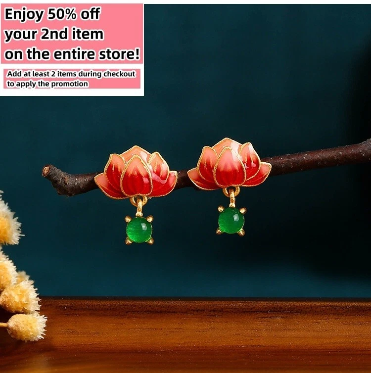 Pendientes colgantes esmaltados en jade flor de loto boho delicadas piedras preciosas chapadas en oro de 18 quilates Foto 1 de 4