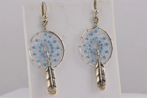 Pendientes de gancho de pluma colgantes con acento turquesa atrapasueños de plata esterlina - Imagen 1 de 5