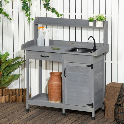 Outsunny Potting Bench Prep Table with Faucet Sink and Storage Cabinet - Image 1 of 4