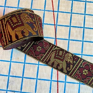 5 YD 1 5/8" Burgundy Gold Elephant Jacquard Ribbon Trim - Picture 1 of 6