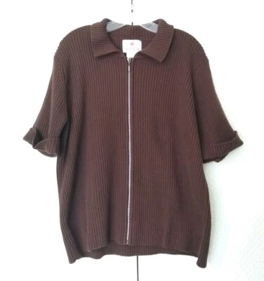 Suéter Quacker Factory para mujer XL acanalado estrás cremallera completa manga corta marrón Foto 1 de 4