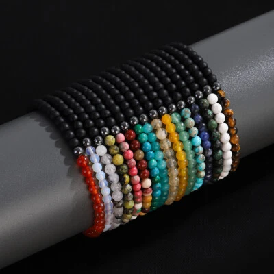 4mm Natural Stone Beads Bracelet Agate Stretch Men's and Women's Beaded Bangle - Image 1 of 4