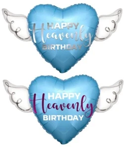 Happy Heavenly Birthday Balloon Heart Shaped with angel wings (blue) - Picture 1 of 16