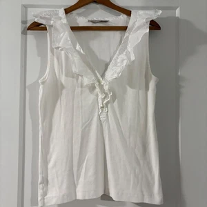 LOFT weiß gerippt Rüschenbesatz V-Ausschnitt ärmellos Top Bluse Freizeit Tank - Bild 1 von 8