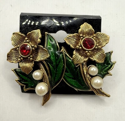 Pendientes perforados vintage con flores Avon - tono dorado, esmalte verde, perlas de imitación Foto 1 de 3