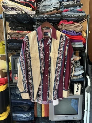 VINTAGE Wrangler Brushpopper Shirt Large Aztec Pearl Snap Western Cowboy USA - Image 1 of 4