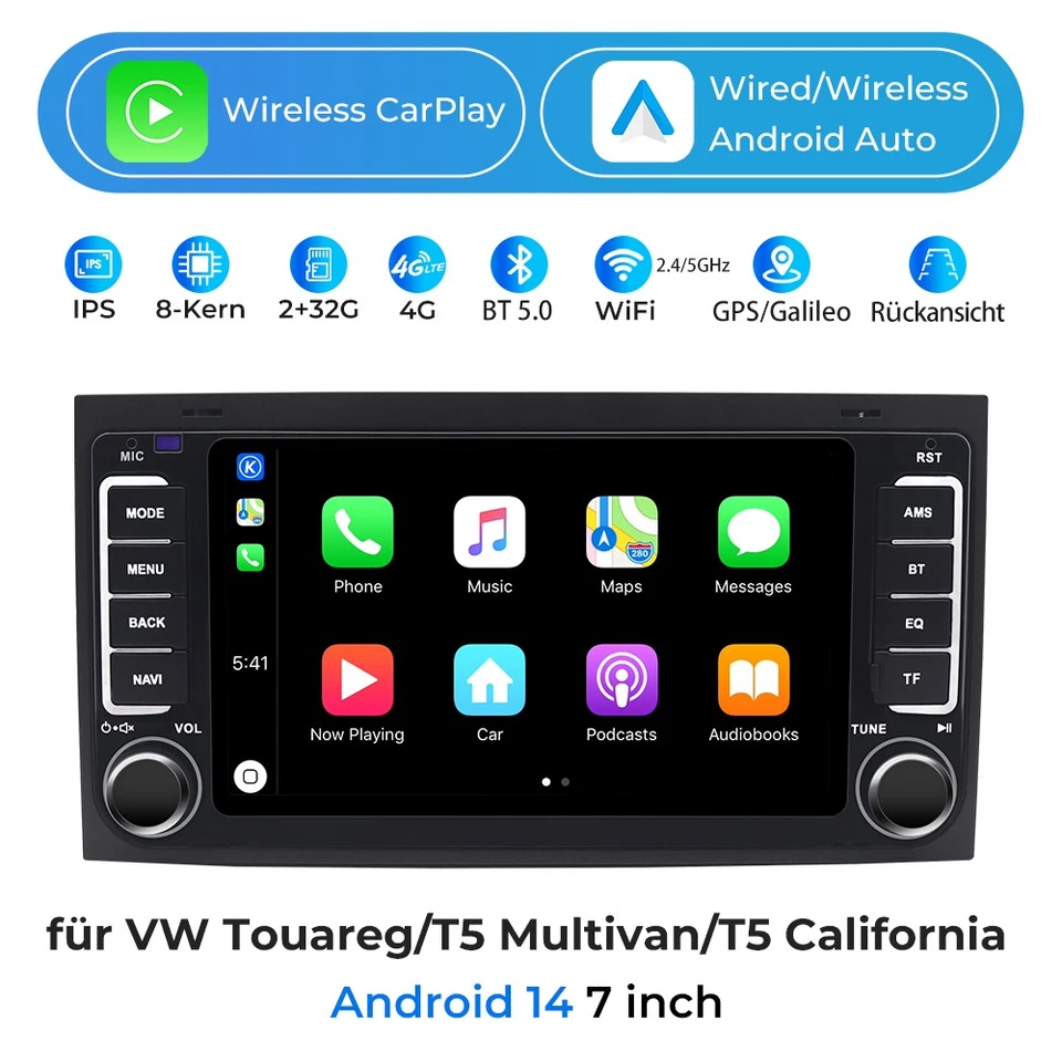 7" Autoradio CarPlay für VW Touareg T5 Multivan Video GPS Navi BT 8 Core 2+32G - Bild 1 von 4