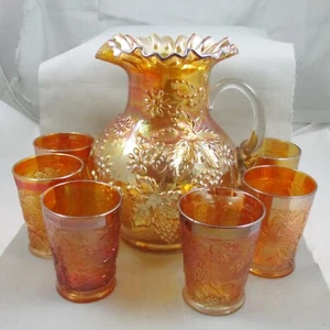 DUGAN BLUMEN & TRAUBE RINGELBLUME KARNEVAL GLAS WASSERKRUG & SECHS BECHER - Bild 1 von 15