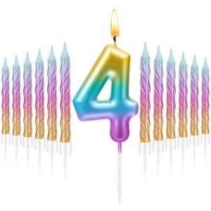 4 Birthday Candle for Cake with 12 Pieces Spiral Numeral Rainbow Gradient Can... - Picture 1 of 7