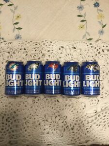 Five different 2023 Bud Light NFL cans bottom opened top opened