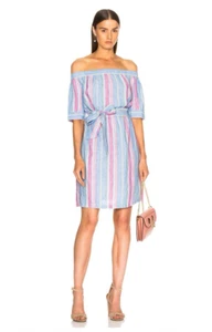 Frame Linen Off-Shoulder Mini Dress Striped Tie Waist Short Sleeve Size XS - Picture 1 of 12