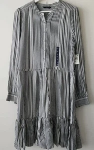 Lucky Brand Women's Long Sleeve V Neck Button Up Tie Waist Stripe Riley Dress M - Picture 1 of 5