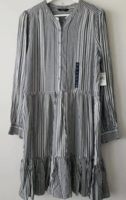 Lucky Brand Women's Long Sleeve V Neck Button Up Tie Waist Stripe Riley Dress M - Image 1 of 4