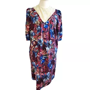 Vintage 80s Sz M Tropical Mumu Dress Knee Length Blue Burgandy Hibiscus Pockets - Picture 1 of 11