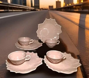 Woodfield Mfg Steubenville Ceramic Pottery Leaf Set 4 Snack tray Set 8.5”W Pink - Picture 1 of 6