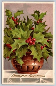 Christmas  Greetings, Potted Holly, Antique Embossed Postcard - Picture 1 of 2