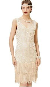 BABEYOND WOMEN’S FLAPPER DRESS SZ MEDIUM BEIGE 1920 GREAT GATSBY COCKTAIL PARTY - Picture 1 of 7