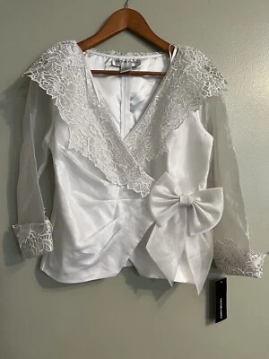 Blusa envolvente Victor Costa para mujer bordada blanca satinada transparente talla 4 nueva con etiquetas Foto 1 de 4