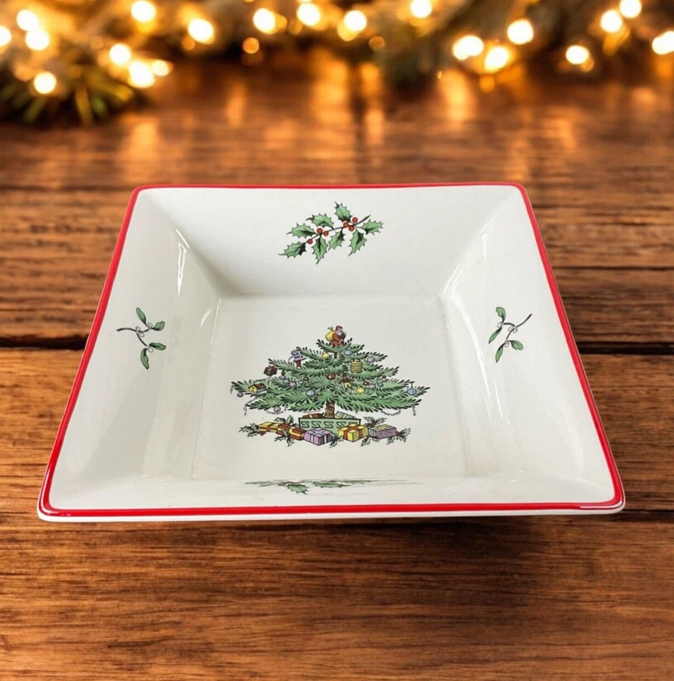 Spode Christmas Tree Red Trim 6" Square Tray Trinket Candy Nuts Dish England - Image 1 of 4