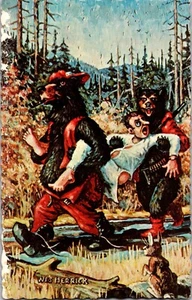 Dressed Hunter Bears Pipes Hauling Man Wes Herrick Fantasy Signed Postcard Maine - Picture 1 of 2