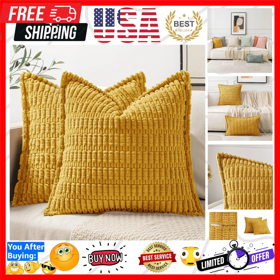 Chic Mustard Yellow Striped Throw Pillow Covers - 18x18, Set of 2 for Home Decor - Image 1 of 4