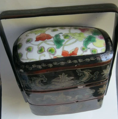 Antigua caja canasta cofre dote boda porcelana laca china 3 niveles Foto 1 de 4