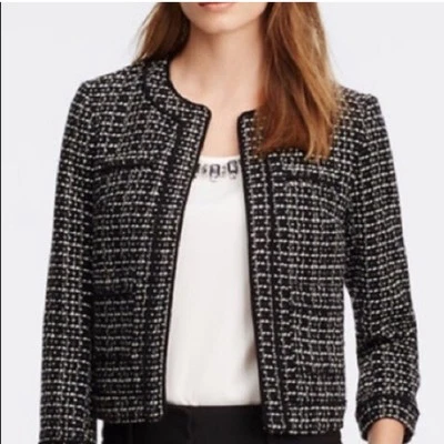 Ann Taylor Piped Tweed Jacket Blazer Size 2P Black White Long Sleeve Pockets Zip - Image 1 of 4
