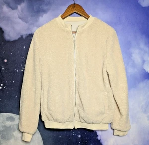 Sherpa Teddy Bomber Jacket Size Medium Neutral Minimalist Cozy Cute Cottagecore - Picture 1 of 6