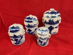 Chinese Celadon Blue & White Tea Caddies Set Of 4,  5”, 5.5”, 6.5”, 7.75” - Picture 1 of 11