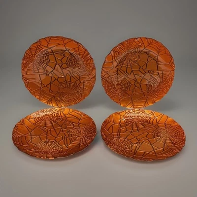 S/4- AKCAM Turkish Glass Orange Fall Halloween SPIDER WEB Salad Plates 8" NEW! - Image 1 of 4