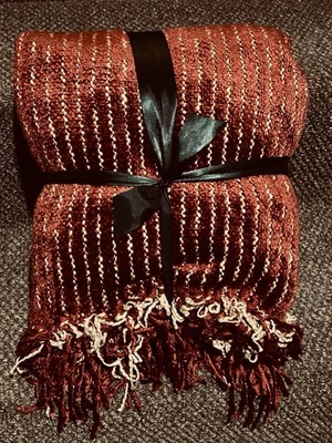 Restoration Hardware GRAND CHENILLE Throw ~ Garnet Stripe W Fringe 50 x 70”~NEW - Image 1 of 4