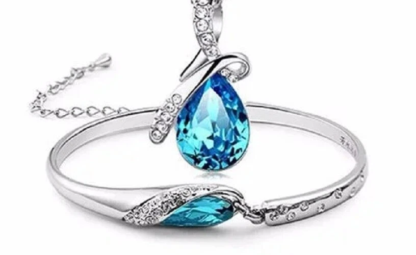 Blue Teardrop Princess Cut CZ Necklace and Bracelet Set White Gold Filled - Image 1 of 4