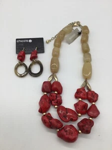 Chico's Red/tan beaded necklace with matching earrings - Picture 1 of 2