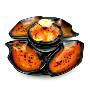 California Keramik bedeckt Relish Schale und Tablett 4 Stück Set schwarz orange Vintage - Bild 1 von 12