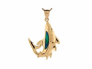 10k or 14k Yellow Gold Simulated Opal Detailed Shark Charm Pendant