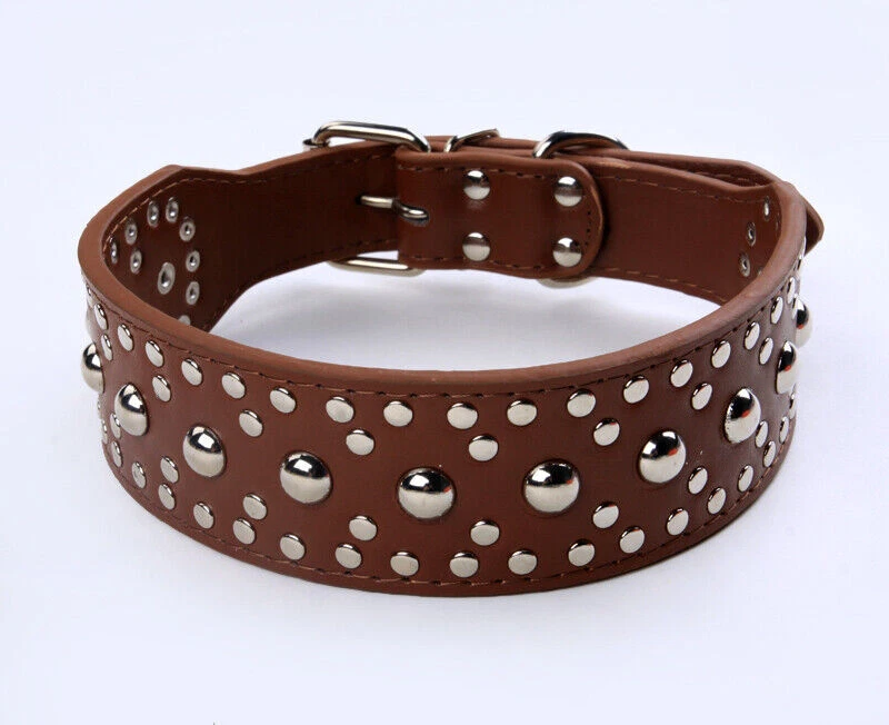 4PAWS Studded Spiked Metal Dog Collar Faux Leather Large Pitbull Mastiff XL Dark Brown