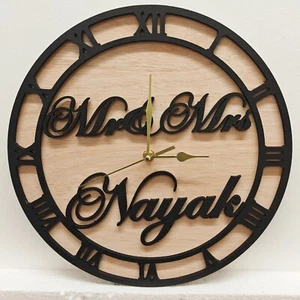 black personalised laser cut wood wooden wall clock door name word number letter - Picture 1 of 12