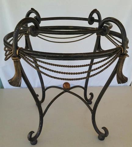 VTG Circular Solid Iron-Ornamental Accent Table☆Gilt Rope &Tassel☆Scroll Design Cover