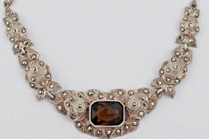 Antikes Collier floral verziert Rauchquarz an S-Panzerkette 14gr. 935er 1096 - Bild 1 von 8