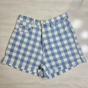 Pantaloncini denim vintage Niki-Lee donna 7 27 blu bianco check anni 90 Cottagecore Boho - Foto 1 di 12
